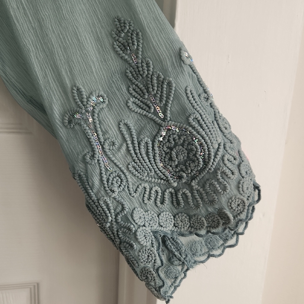 Soft Surroundings Sage Green Embroidered Bell-Sleeve Tunic - Picture 5 of 7